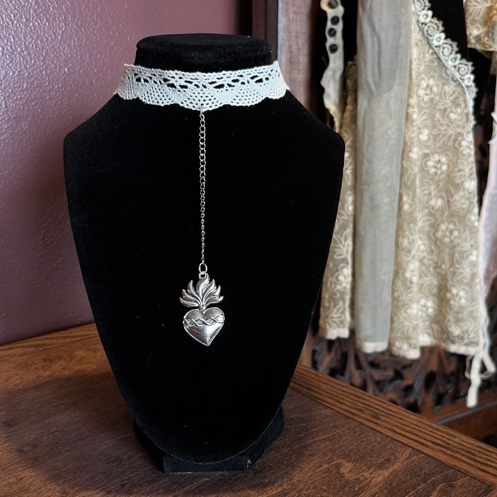 Stainless Steel Silver Sacred Heart Drop Choker Antique-Style Lace Whimsygoth